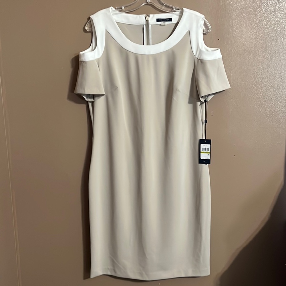 NWT Tommy Hilfiger tan white cold shoulder dress sz 14